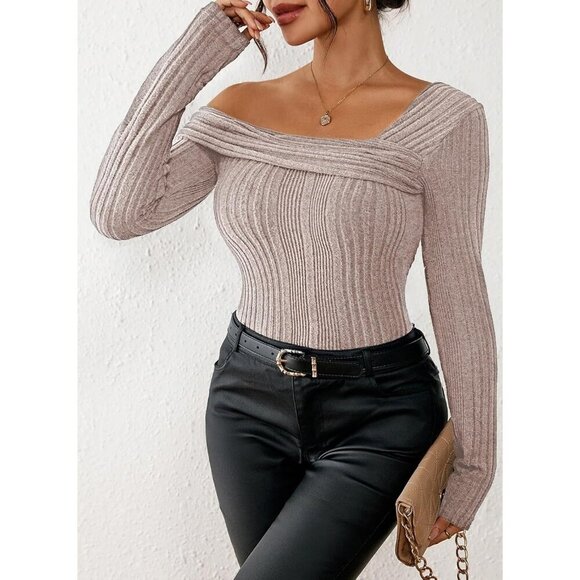 Women’s Off The Shoulder Long Sleeve Knit Sweater Top Drop Shoulder Fashion - Picture 5 of 6